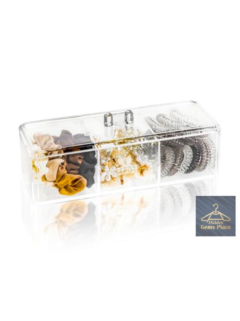 Acrylic Hair Accessory Organizer with Lid, 3 Compartments for Bows, Scrunchies,